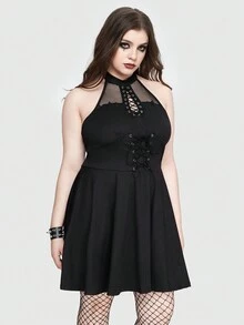 ROMWE Goth 性感哥德式網紗和金屬串珠無背修身A字大碼洋裝 - 黑色 - 查看 3