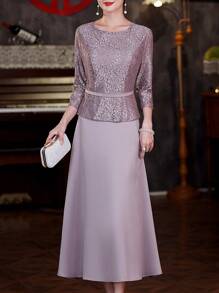 Purple Sequined Bridesmaid Dress, Elegant Round Neck Mid-Length Cocktail Dress, Suitable For Wedding Party, Women's Clothing