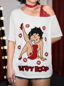 Betty Boop | ROMWE Cartoon Character And Lips Print Lace Splicing Asymmetrical Shoulder T-Shirt, Summer