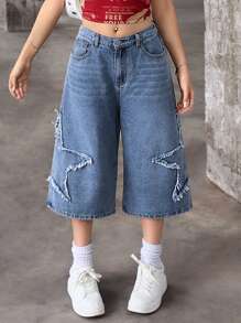SHEIN Lockere Jean Capri Hose im Y2K Vintage Street Style für Teenager Mädchen mit neutralen aufgenähten Fünf-Sterne-Verzierungen