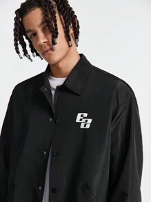 Manfinity VCAY Men Letter Print Button Front Jacket, Long Sleeve, Going Out, Boyfriend Gift, Bomber Jacket, For Fall Winter