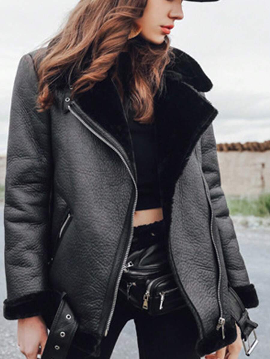 女式长袖前拉链口袋蓬松衬里夹克，日常休闲，女士冬季休闲系带领宽松黑色拼色，纯色女式夹克，冬季保暖/冬季时尚