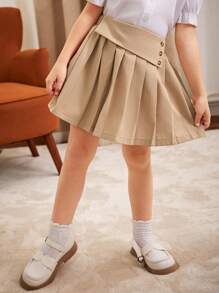 SHEIN Elladie kids 女孩优雅休闲度假百搭褶皱卡其裙，适合春、夏、秋、冬，不对称腰带设计，褶皱下摆，纽扣装饰，适合外出、上学、派对、聚会 - 卡其色 - 查看 5