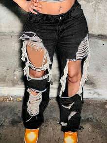 Y2K Street Slant Pocket Distressed Frayed Ripped Cut Out Straight Leg Jeans Casual Comfort Denim Pants