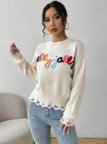 Chiquease 字母刺绣落肩毛衣，长袖上衣