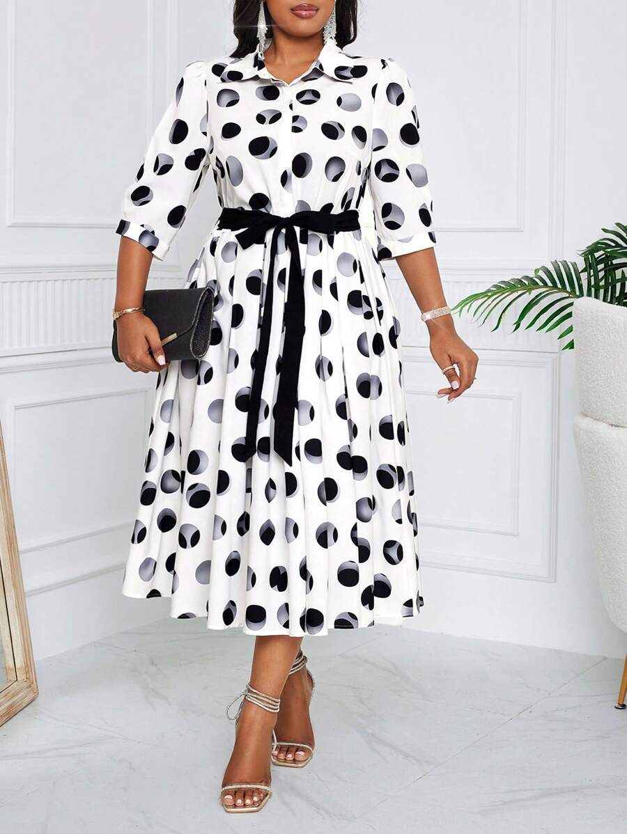 SHEIN Lady Vestido de poá preto e branco impresso, roupas de mulher plus size para o outono, roupas de professora, vestido branco de professora, vestido de professora preto e branco, vestidos de outono brancos, saias brancas, vestidos de mulher brancos, para todas as estações - Preto e Branco - Visão 1