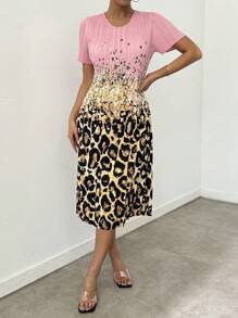 SHEIN LUNE Women's Pleated High Elasticity Printed Dress - Pink - View 3