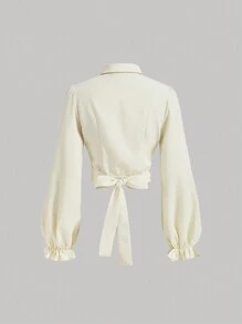 SHEIN MOD Retro Apricot Cross-Hem Balloon Sleeve Shirt,Back To School Clothes,Fall Clothes,Women Blouses,Halloween ,Teacher Clothes, Vintage Clothes,Work,Button Down Shirt,Western,70s,The Bachelorette,Cream Blouses