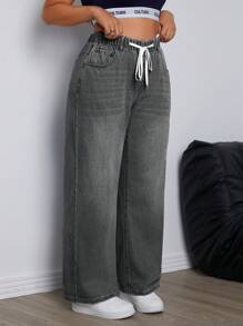 SHEIN ICON Plus Size Women's Drawstring Waist Wide Leg Loose Fit Casual Boyfriend Jeans With Pockets - Light Grey - View 1