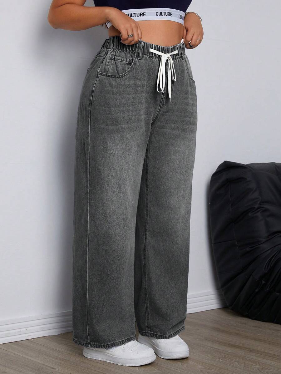 SHEIN ICON Plus Size Women's Drawstring Waist Wide Leg Loose Fit Casual Boyfriend Jeans With Pockets - Light Grey - View 1