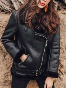 女式长袖前拉链口袋蓬松衬里夹克，日常休闲，女士冬季休闲系带领宽松黑色拼色，纯色女式夹克，冬季保暖/冬季时尚