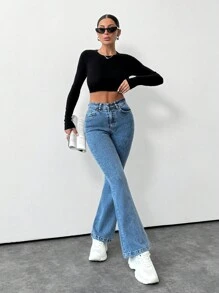 EURMUSE Casual Solid Color Slim Fit Flare Jeans - Dark Wash - View 5