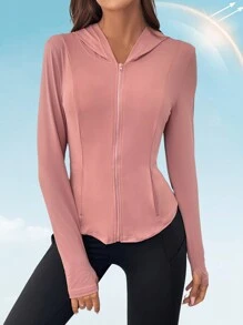 SHEIN LUNE High-End Women's Fitness Jacket, Outdoor Running Slimming Pink Long Sleeve Hooded Summer / Early Autumn Sports Sunscreen Coat With UV Protection And Cooling Comfort Fall Clothes Leopard Fall Tops Fall Outfits