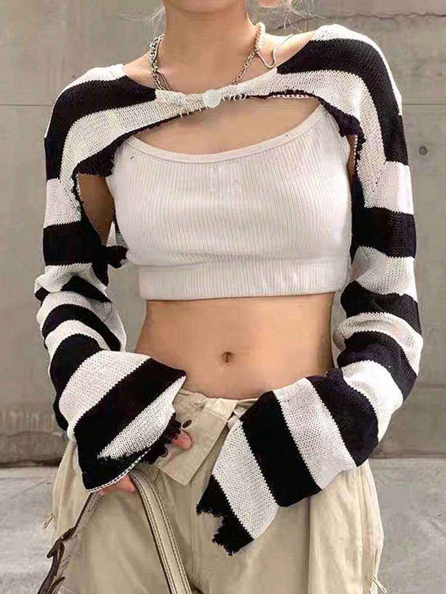 INAWLY Kvinnors färgblock Kort fashionabel och enkel långärmad tröja - Svart och Vitt - Visa 1