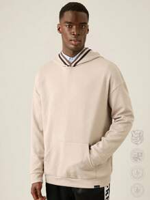 Manfinity VCAY 男士宽松针织长袖连帽衫，休闲日常穿着，返校装，秋冬装 - 卡其色 - 查看 1