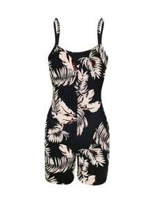 BamGleam 女式休閒植物印花肩帶連身褲