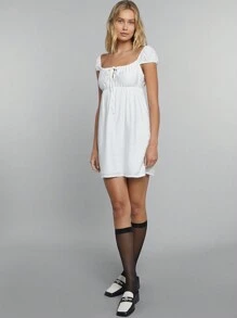 Easelle Đầm Xù Thắt nơ trước Nếp gấp Phần Ngực màu trơn Giải trí - trắng - Xem 6