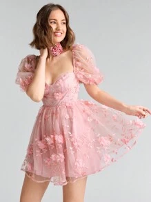 Enchnt Romantic 3D Floral Embroidered Net Yarn Backless Short Dress - Pink - View 5