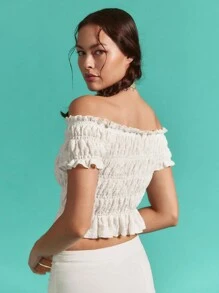 SHEINNeu Parte superior con patrón de rosa de jacquard tejido, parte superior hombros descubiertos, con volantes, con borde con volantes fluidos para mujer