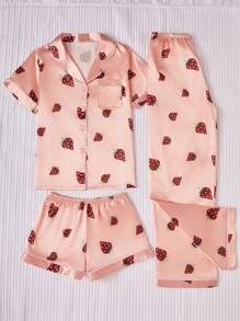 3pcs Women's Contrast Trimmed Imitation Silk Strawberry Printed Pajama Set - Coral Orange - View 5