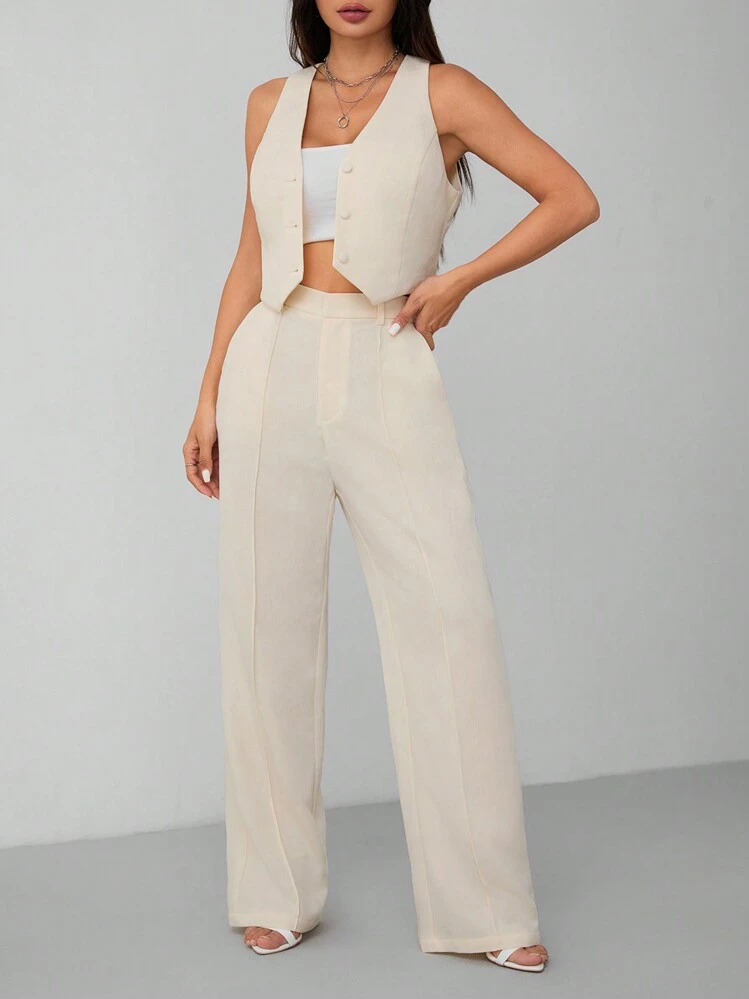 SHEIN PETITE Chaleco de traje tejido para mujer + Pantalones de traje - Albaricoque - Añade 6