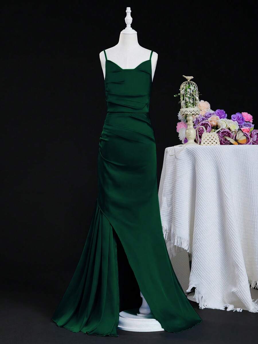 SHEIN 婚礼季节少女露肩开叉正式派对礼服，舞会/生日/婚礼派对 - 墨綠色 - 查看 1