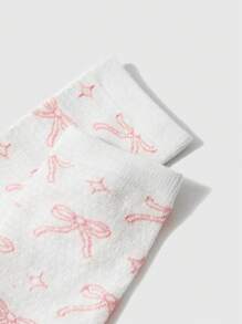 ROMWE Kawaii 1對可愛粉色蝴蝶結星星圖案白色中筒襪