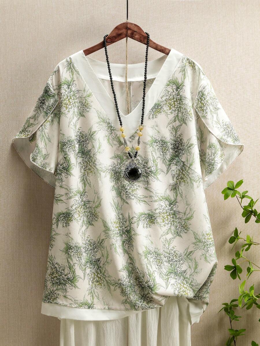 Mulvari Plus Tropical Print Petal Sleeve Blouse - Multicolor - View 1