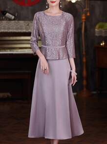 Purple Sequined Bridesmaid Dress, Elegant Round Neck Mid-Length Cocktail Dress, Suitable For Wedding Party, Women's Clothing