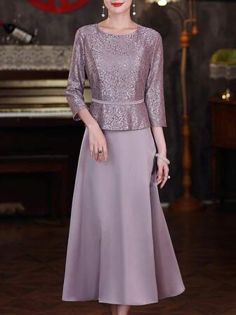 Purple Sequined Bridesmaid Dress, Elegant Round Neck Mid-Length Cocktail Dress, Suitable For Wedding Party, Women's Clothing