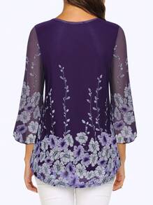 CheersLife Women's Casual 3/4 Sleeve Tunic Tops Floral Double Layers Blouses Loose  Pleated Mesh Shirts - Violet Purple - View 2
