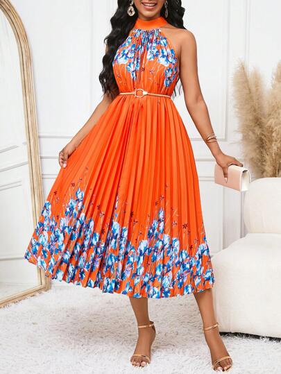 SHEIN Lady Orange Botanical Floral Pleated Halter Dress For