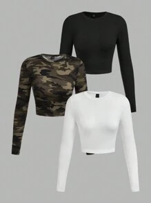 SHEIN EZwear Multi-Pack Women Versatile Casual Simple Long Sleeve T-Shirt Valentine Day