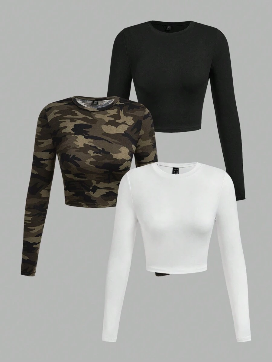 SHEIN EZwear Multi-Pack Women Versatile Casual Simple Long Sleeve T-Shirt Valentine Day