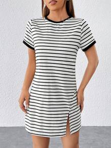 SHEIN PETITE 條紋和花卉印花拼接邊緣T恤連衣裙 - 白色 - 查看 5