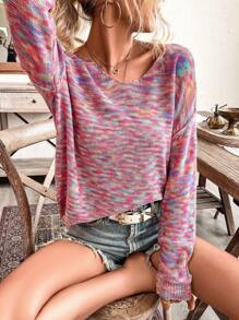 SHEIN LUNE Vacation Style Fashionable Colorful Ombre V-Neck Oversized Long Sleeve Pullover Sweater - Multicolor - View 1