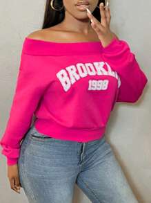SHEIN SXY Plus Size Plus Size Off Shoulder Long Sleeve Letter Print Casual Sweatshirt, For Winter Fall Autumn