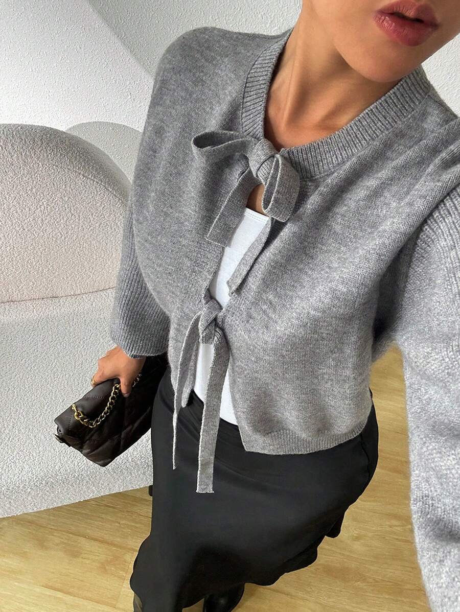 SHEIN Essnce 女士秋冬灰色毛衣 休闲前系带女士开衫 开衫 秋季毛衣 - 淺灰色 - 查看 1