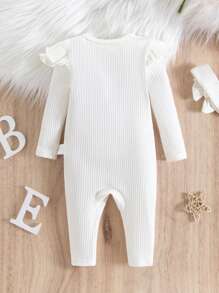 SHEIN Newborn Baby Girl Solid Color Long Sleeve Jumpsuit With Ruffle Trim And Footed Pants Cute Baby Pajamas - White - View 2