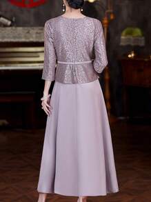 Purple Sequined Bridesmaid Dress, Elegant Round Neck Mid-Length Cocktail Dress, Suitable For Wedding Party, Women's Clothing