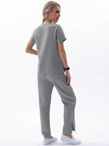 TaskEZ Women's Short Sleeve Nurse Uniform Scrub Set, 2pcs/Set, Summer - Grey - View 2