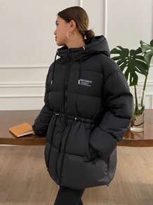 DAZY Women Hooded With Letter Print And Drawstring, Winter Jacket Women Coats - Black - View 4