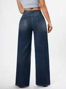 Women High Waist Casual Wide Leg Jeans - Dark Wash - View 3