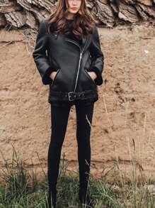 女式长袖前拉链口袋蓬松衬里夹克，日常休闲，女士冬季休闲系带领宽松黑色拼色，纯色女式夹克，冬季保暖/冬季时尚