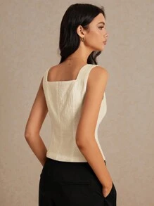 SHEIN Frenchy 亞麻布料，方領扣釦背心，休閒修身無袖背心和短上衣，適合夏季假期、日常休閒通勤，法式風格