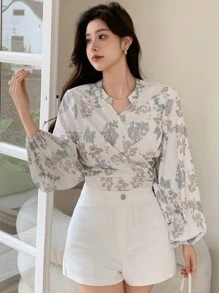 DAZY 花卉图案长袖裹身系带女式衬衫，长袖上衣，夏季度假装扮，复活节女装 - 米色 - 查看 7