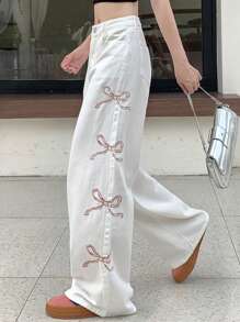 DAZY Bow Pattern Zipper Fly Jeans - White - View 1