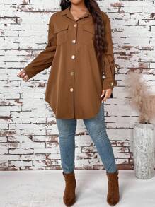 SHEIN LUNE Plus Size Lapel Buttoned Pocket Loose Solid Color Simple Casual Fashion Jacket With Long Sleeves For Daily Wear For Autumn & Winter Halloween Winter Clothes
