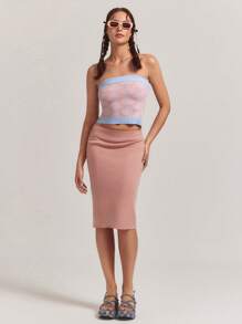 SHEINNeu Women Tops, Knitted, Fall, Fall Clothes, Tube Top, Bow Pattern, Light Pink, Babyblue, Summer Beach Tops, Daily, Versatile, Cute, Contrasting Design, Winter Women Clothes