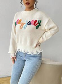 Chiquease 字母刺绣落肩毛衣，长袖上衣